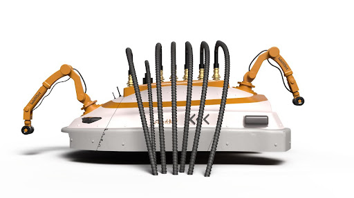 WallBot operational deployment showing its advanced robotic arms and surface gripping technology in a clean, high-contrast industrial setting.